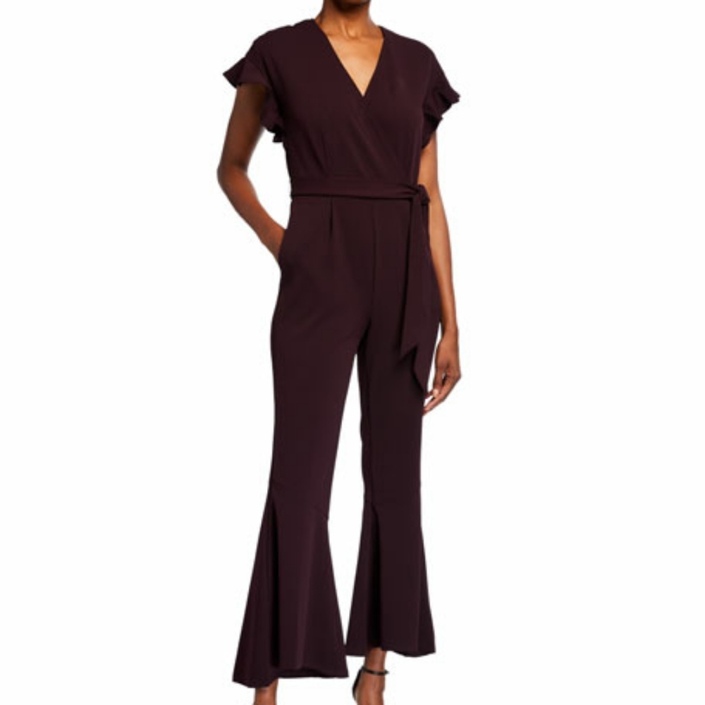 Neiman Marcus Faux-Wrap Ruffle Flare-Leg Jumpsuit